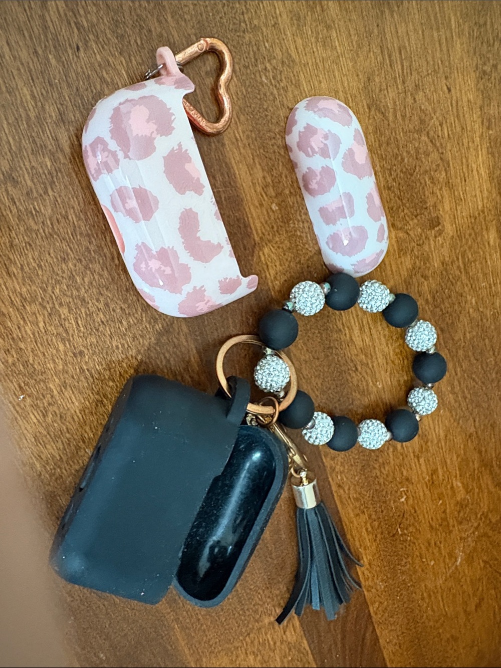 Velvet Caviar Pink Leopard AirPod Case Set with Black Beaded Wrist Keychain